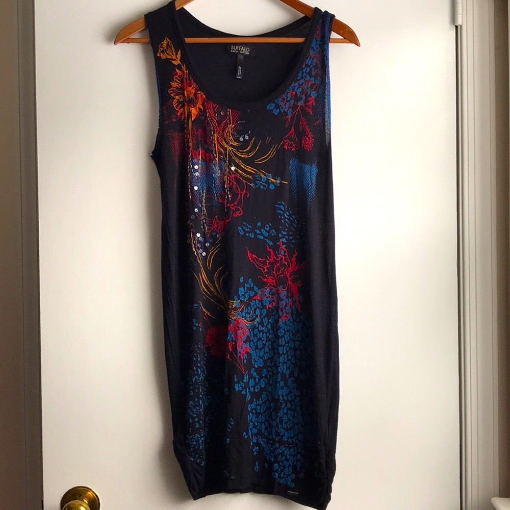 Buffalo Tank Dress Black w/ color pattern & sequin coral reef motif sz M